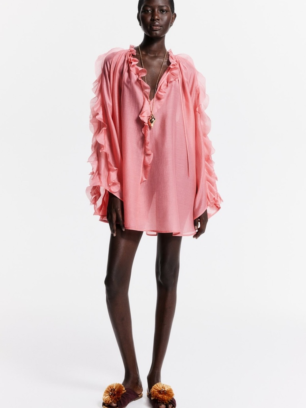 White Lotus x H&M Long Sleeve Ruffled Dress Pink Mini Medium RARE NWT